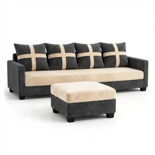 Image of Caviriq 5 Seater L Shape Sofa Set with Movable Ottoman | Flexible Layout | Luxury Velvet Suede Fabric | Modern Living Room Sofa | Dark Grey-Cream