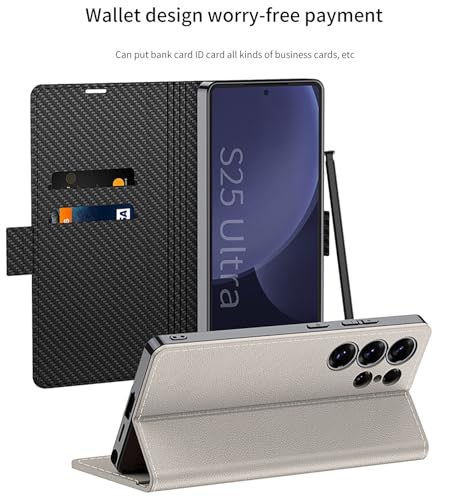 Image of Midkart Leather Flip Cover Compatible with Samsung Galaxy S25 Ultra with Magnetic Lock Card Holder Kickstand Full Body and Camera Protection Case, Lichi Black