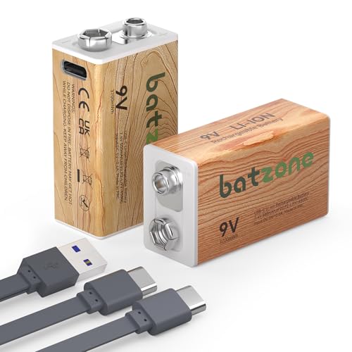 BATZONE Rechargeable 9V Batteries, 3700mWh Lithium Batteries Long Lasting Power, USB-C with 2 in 1 USB Charging Cable for Smoke Detector, Alarms, Microphone, 2 Pack