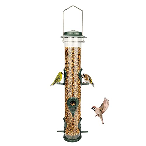 Metal Bird Feeder Tube Hanging Wild Bird Seed Feeder Aluminum Six Port Bird Feeders,1.4 mm Extra Thick Solid Tube Transparent with Steel Hanger Great for Attracting Birds