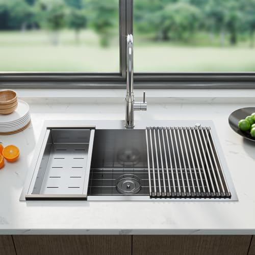 33 x 22 Drop-In Workstation Kitchen Sink – 16 Gauge Stainless Steel Topmount Sink, 10" Deep Single Bowl & 5 Accessories