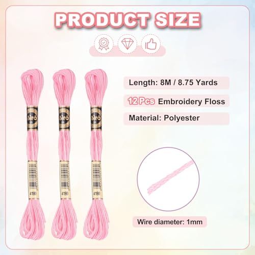Image of PATIKIL 12 Skeins Embroidery Floss, Polyester Embroidery Threads Bracelets String for Cross-Stitch Hand Embroidery, Light Pink