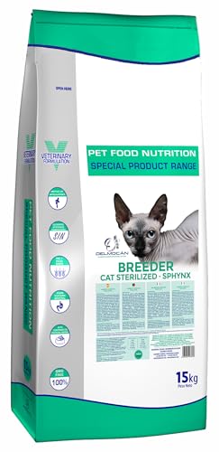 Pienso seco para Gatos Esterilizados DELMOCAN Breeder Cats STERILIZED (Saco 15KG) - Alta palatabilidad - Especial Razas Sphynx - Bajo en Grasa, Ideal para Control de Peso