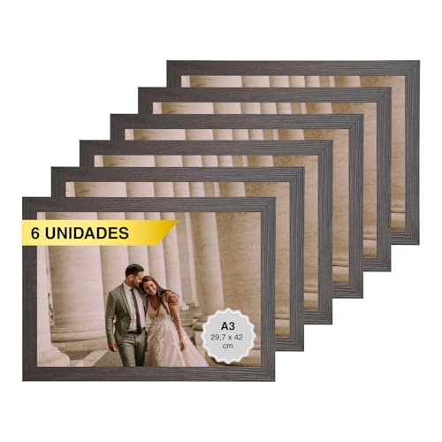 MARCOFOTO Set de 6 Marcos de Fotos - Marco Para Cuadros - Marco de Fotos - Marco Foto - Marcos Cuadros - Marcos Fotos Pared con Cristal - Marco Fotos - Marcos Madera MDF Marron Oscuro - A3