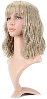 VCKOVCKO Natural Wavy Short Bob Wigs With Air Bangs Women's Shoulder Length Wigs Curly Wavy Synthetic Cosplay Wig Pastel Bob Wig for Girl Colorful Wigs(12", Mix Blonde)