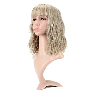 VCKOVCKO Natural Wavy Short Bob Wigs With Air Bangs Women’s Shoulder Length Wigs Curly Wavy Synthetic Cosplay Wig Pastel Bob Wig for Girl Colorful Wigs(12″, Mix Blonde)