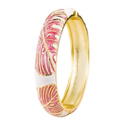 Aloha Jewelry Company Hawaiian Monstera Luau Leaves Hinged Clasp Fashion Enamel Bangle Bracelet (Pink) Cover