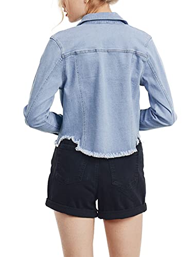 FashionMille Women's Frayed Hem Long Sleeve Button Up Color Jean Denim Jacket4