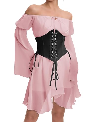 Image of Womens Corset Dresses Off Shoulder Bell Sleeve Casual Party Fairy Two Piece Outfits Bustier Dress