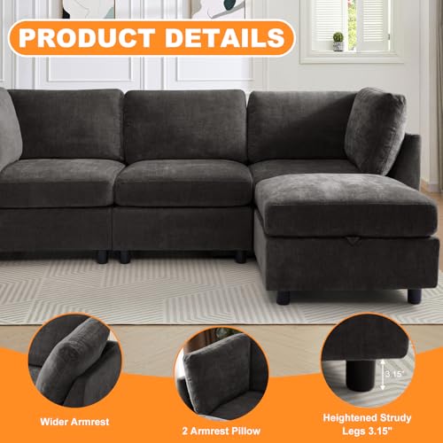 Image of TEKAMON 94 inch L Shaped Modern Sofa Modular Sectional Couch with Ottoman, 4-Seat Chenille Deep Seat Sofa for Living Room, Bedroom and Apartment, Dark Grey