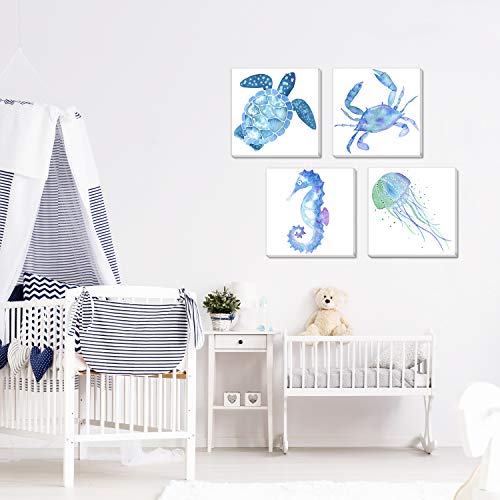 Texture Of Dreams Watercolor Sea Animals Painting On Canvas Wall Art, Sea Turtle Seahorse Crab Jellyfish, Blue Ocean Theme Baby Nursery Boy Room Wall Decor, 4 Pack (10" X 10") #TOP2