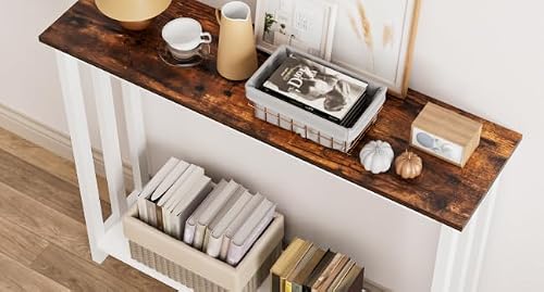 Acovy Farmhouse Solid Wood Console Table, 2 Tier Entryway Table with Storage Shelves, Narrow Sofa Table for Living Room, Hallway, Foyer, Entryway, Rustic White