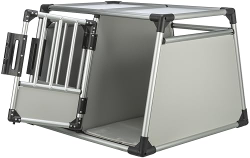 TRIXIE Doppel-Transportbox Aluminium – Hundebox für zwei Hunde bis zu 50 kg, 93 × 64 × 83 cm, mit herausnehmbarer Trennwand, Sicherheitsverschluss vorne & rutschfester Liegematte – 39345