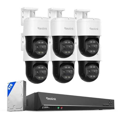 Reolink PTZ 4K Caméra Extérieur PoE, Double Objectif, 6X TrackMix PoE avec Zoom Hybride 6X, Suivi Automatique, Vision Nocturne en Couleur, Ensemble 4K PoE NVR 16 Canaux avec Disque Dur de 4T