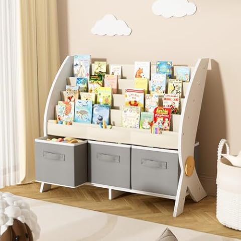 5 Tier-Kids Bookshelf, Non-Woven Fabrics Hanging Bookshelf, X-Shaped Bookshelf with 3 Fabric Storage Organizer, Suit for Kids Room, Kindergarten, Bed Room, Toy, Story Book, Painting Storage Organizer Cover