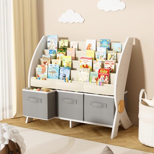 KIDINIX Kids Bookshelf and Toy Storage Organizer, 5-Tier Book Shelf for Kids Rooms, Nursery Bookcase, Montessori Bookshelf for Toddlers, White, Baby Organizers & Storage, Nursery Furniture