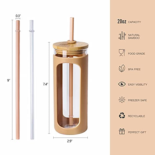 Kodrine 20Oz Glass Water Tumble With Straw And Lid,Bamboo Lids Water Bottle, Iced Coffee Cup Reusable, Wide Mouth Smoothie Cups, Straw Silicone Protective Sleeve Bpa Free-Amber #TOP1