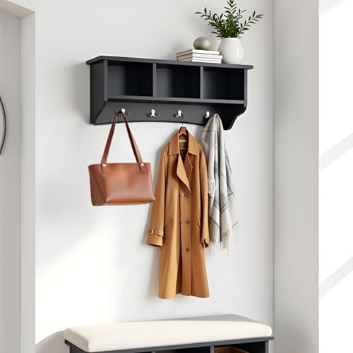 Image of Shaker Cottage Wall-Mounted Coat Rack with 3 Storage Cubbies and 4 Coat Hooks - 36 inch W x 9 inch D x 14 inch H Space-Saving Entryway Organizer or Mudroom Wall Shelf by Alaterre Furniture (Charcoal Gray)