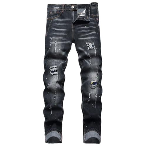 Men's Trousers Paint Spots Ripped Splicing Stretch Slim Punk Denim Pants Jeans