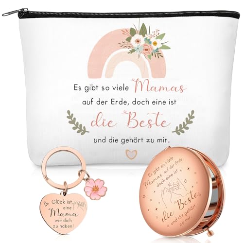 Xuniea Beste Mama Geschenkset Enthalten 1 Kosmetiktasche für Mutter, 1 Reisespiegel mit Lupe und 1 Schlüsselanhänger, Danke Geschenke für Muttertag Geburtstag Weihnachten