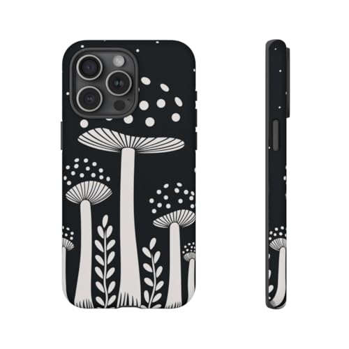 Coque iPhone 15 Pro Max rigide mate motif champignon noir et blanc