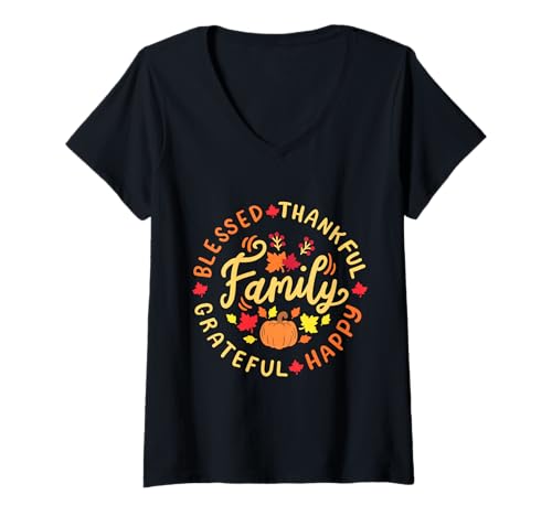 Femme Famille reconnaissante de Thanksgiving T-Shirt avec Col en V