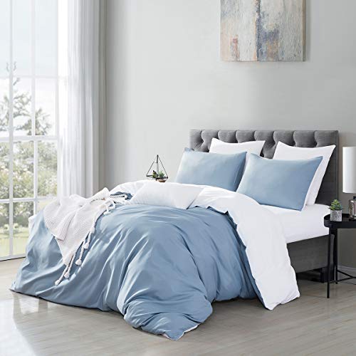 RUIKASI Ropa de cama de 200 x 200 3 piezas, 2 colores, funda nórdica de 200 x 200 cm, 3 piezas con funda de almohada, azul claro y blanco, ropa de cama reversible con cremallera, no necesita planchado y suave