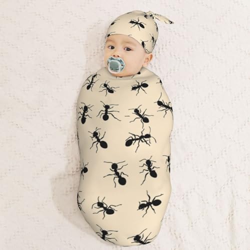 Image of Black Ants Newborn Swaddle Blankets Hat Sets Soft Baby Receiving Blanket Swaddle Sack for Baby Shower Infant Boy Girl Gift