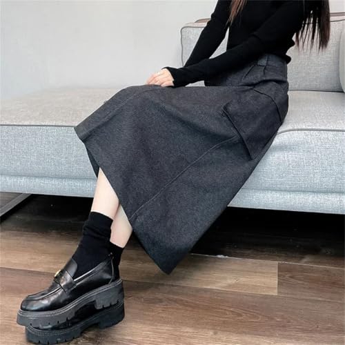 Women's Winter High Waist Plus Size Midi Twill Large Pocket Side Slit Wool A-Line Skirt4