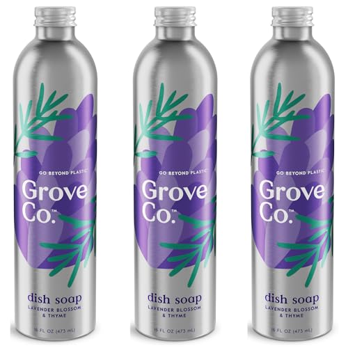 Image of Grove Co. Dish Soap, 3 x 16 fl oz Refills, Lavender Blossom & Thyme | Plastic-Free; Refill format; Natural Fragrance; Removes Stuck on Food; 98% plant-based ingredients