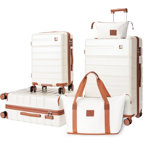 Image of Luggage Sets 5 Piece Polycarbonate Hard Shell Suitcases Airline Approved, Lightweight Luggage with Spinner Sheels TSA Lock, YKK Zippers, Suitable for Family Beige(20 /24 /28 /DB /TB)