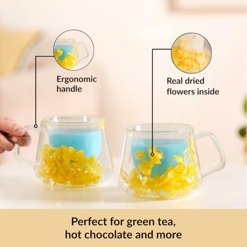 Image of Nestasia Double Wall Glass Mug with Dried Flowers Set of 2 (180ml Each) - Transparent Borosilicate Floral Glass Tea Cups | Lightweight & Durable Coffee Mugs - Perfect for Gifting (Yellow)