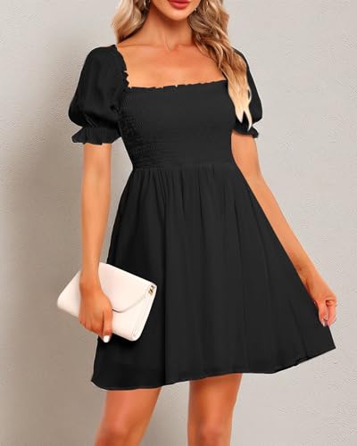 Image of Holipick Women's Casual Square Neck Smocked Dress Shirred Ruffle Puff Sleeve High Waist Cute Flowy A-Line Short Dress