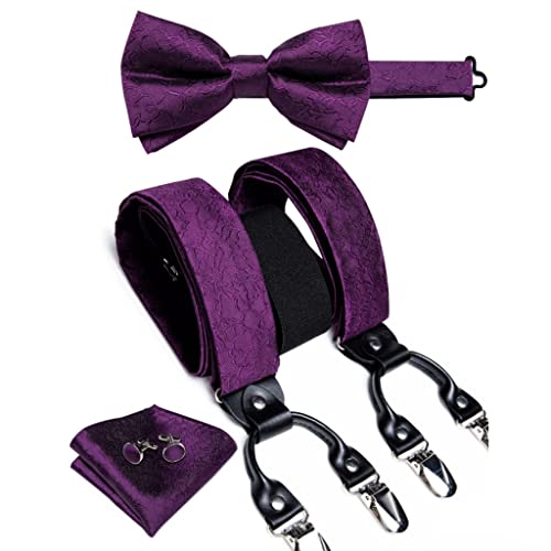 Sdfgh Elegant Purple Silk Suspenders Men Real Leather Metal 6 Clips Braces Elastic Suspenders Trouser Straps Men's Gift (Color : Purple, Size : One Size) #TOP15