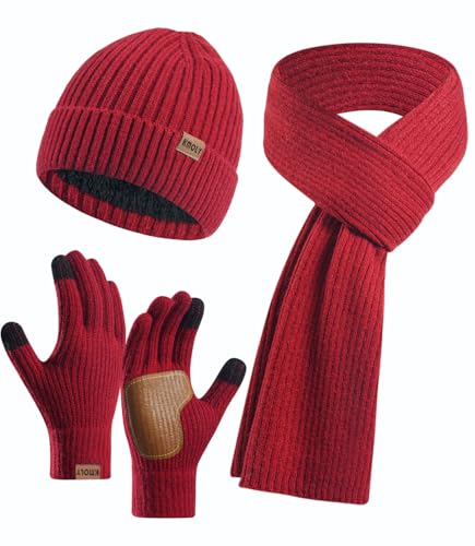 Image of Womens Beanie Hat Scarf Gloves Set 3PCS,Fleece Lined Winter Skull Cap Thick Knit Scarf Anti-slip Touchscreen Gloves Unisex