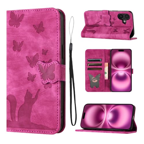 LSPCASA Cover per iPhone 17 6.3" Custodia Cover Premium Pelle PU Portafoglio a Libro Flip Case Con Slot Per Schede e Funzione Supporto Gatto farfalla Case per iPhone 17 6.3" Rosa