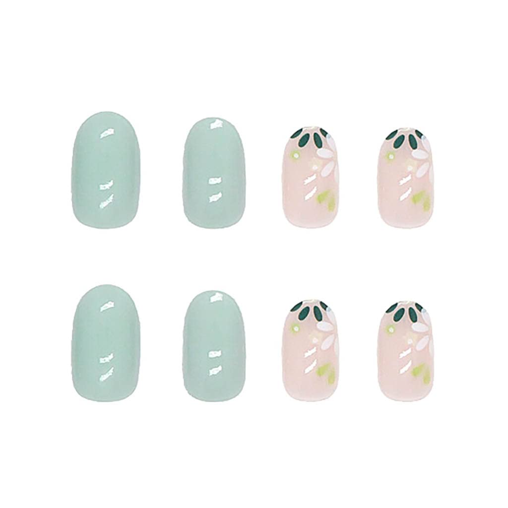 RikView Almond Press on Nails Medium Fake Nails with Flowers Design Green Nails for Women 24 PCs/Set image 2