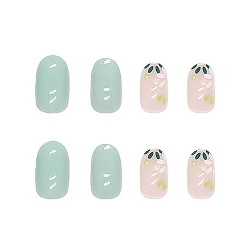 Miniatura 2 de RikView Uñas postizas medianas a presión con diseño de flores, uñas verdes para mujeres, 24 unidades por juego