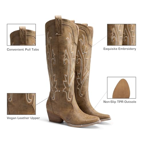 DREAM PAIRS Womens Cowboy Knee High Boots Comfortable Pull On Side Zipper Chunky Heel Embroidered Western Cowgirl Boots Retro Tall Boot4