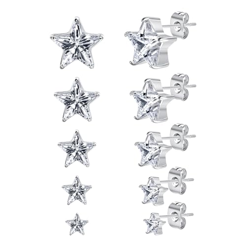 316L Stainless Steel Earrings Set Hypoallergenic Cubic Zirconia Stud Earring for Women Men (Heart/Teardrop/Oval/Star/Horse-Eye) - Main Image