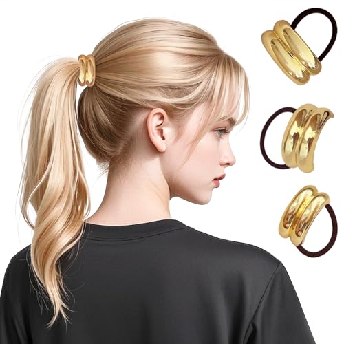 3 Coleteros de Caballo Gomas para el Pelo de Metal,Elásticos de Cola de Caballo Coletero de Metal Accesorios para el Pelo,Diadema Elástica de Moda para el Pelo(Dorados)