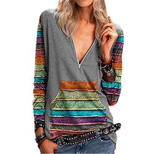 Janepam Womens Tops Shirt Long Sleeve Ethnic Colorful Striped Tribal Graphic Print Pattern Boho V-Neck Zipper Plus Size Loose Blouse(N Gray,3XL)