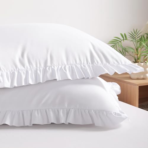 BEDSUM Ruffled Pillow Shams Standard 20x26 Set of 2 Brushed Microfiber Pillowcases with Envelope Closure Soft Wrinkle-Resistant White