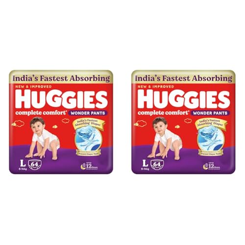 Image of Huggies Complete Comfort Wonder Pants | Pant Style Baby Diapers L Size, 64 Count | India's Fastest Absorbing Diaper, Patented Dry Xpert Channel, Ideal for 9 to 14 Kgs (Pack of 2)