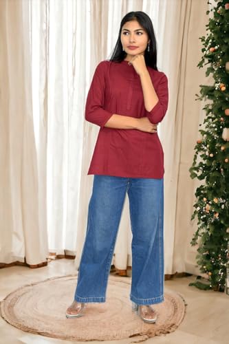 Image of JAIPUR HAND BLOCK Women's Pintuck Plain Short Cotton Kurti|Top STYLE-S91