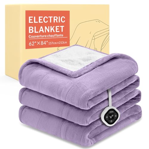 Image of HOMLYNS LuxeHeat Heated Blanket Electric Blanket Twin Size, Soft Flannel Sherpa Heating Blanket with 10 Heat Settings, 1-10 hrs Timer Auto Shut Off (62x84 inches, Purple), Only for 120V Voltage Use