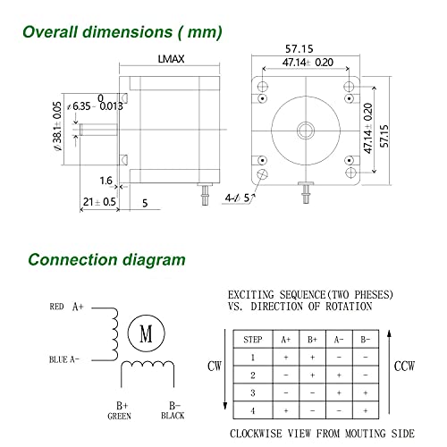 RTELLIGENT 57A1 Nema 23 Stepper Motor Stepping 1.3Nm/184.14oz-in 6.35mm Shaft 4-Wire 2.8A 1.8Deg Low