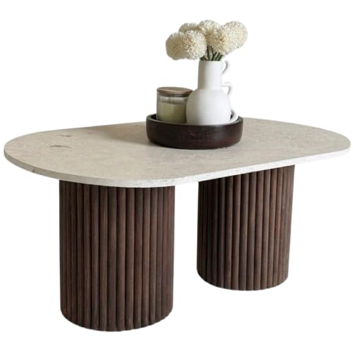 Table Basse Ovale Pilier, VÉRITABLE travertin et Bois cannelé | chêne foncé (Table Seule)