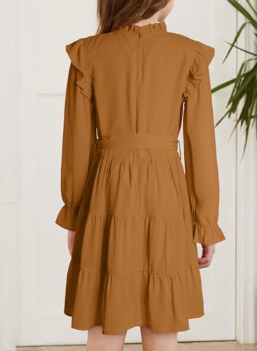 blibean Girls Long Sleeve Fall Dresses Tween Casual Ruffled Swing Formal Dressses Belt Size 6-15 Years3