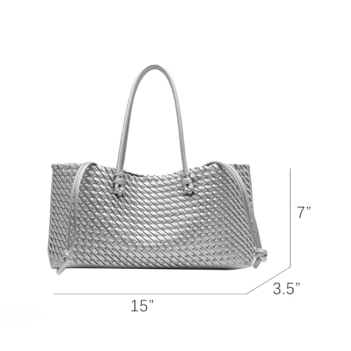 Image of Woven Leather Tote Bag For Women Crossbody Shoulder Bag Large Hobo Handbags Vegan Female Bag Vegetable Basket